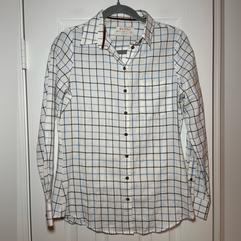 Barbour Tailored Shirt Women’s US 4 Cream Blue Windowpane Plaid Cotton